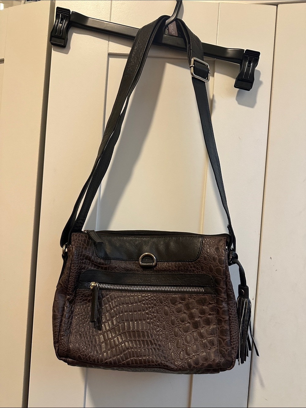 Women's Brown LEATHER Croc-Embossed Crossbody Bag with Black Trim